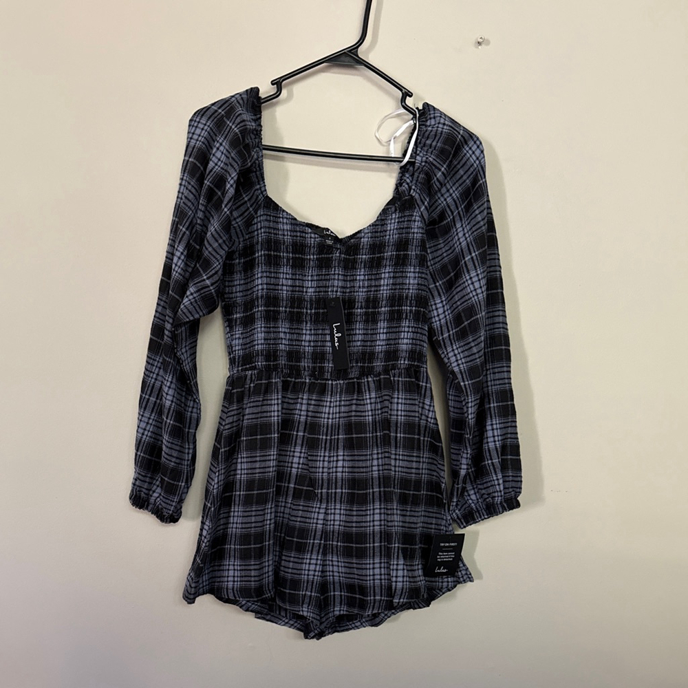 Women's Lulus Plaid Long Sleeve Romper S Black Blue